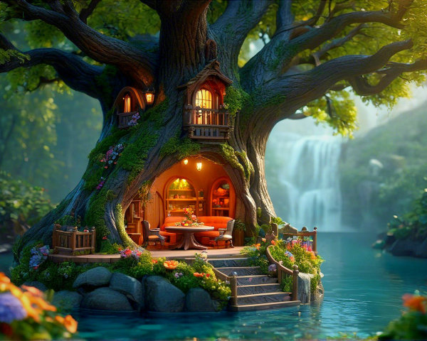 Whimsical Treehouse by a Tranquil Sparkling Lake