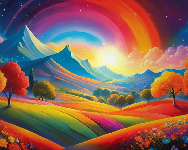 Vibrant Landscape with Colorful Hills and Mountains