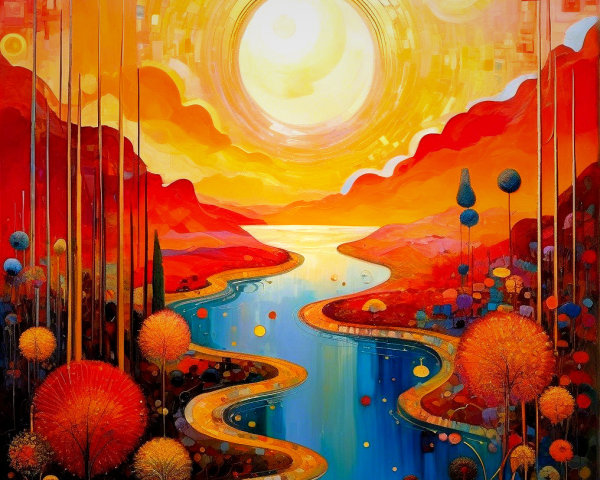 Vibrant Landscape with River and Abstract Trees