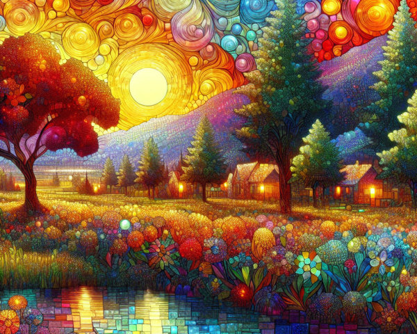 Vibrant Sunset Landscape with Colorful Flowers and Cottages