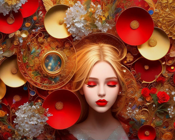 Ethereal figure with golden hair in vibrant tapestry