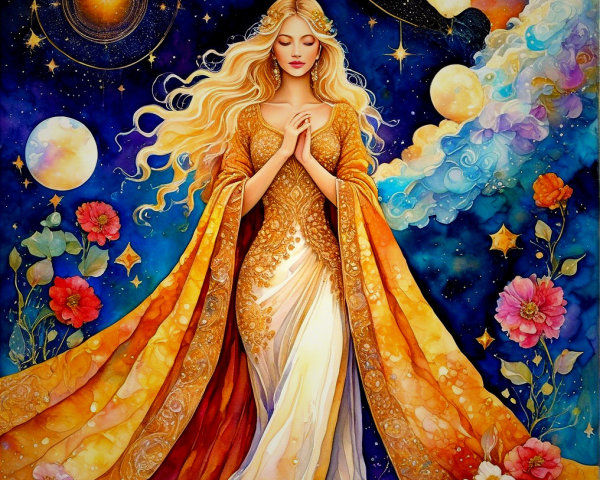 Serene figure in gown amidst cosmic floral backdrop