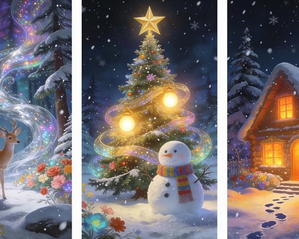 Whimsical Winter Triptych with Enchanting Landscapes