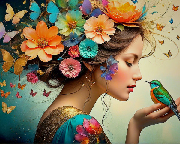 Dreamy Portrait of Woman with Floral Crown and Bird