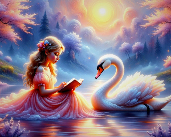Young girl reading by tranquil lake with swan and sunset
