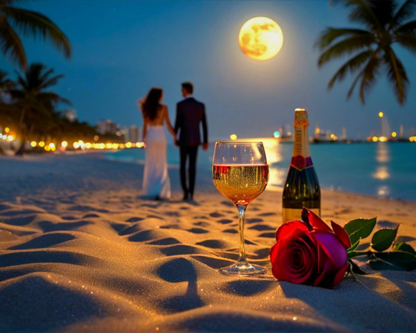Romantic Beach Scene with Moonlight and Champagne