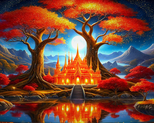 Vibrant Landscape with Temple and Starry Sky
