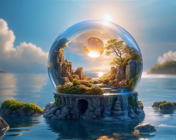 Glass Dome with Miniature Landscape and Ancient Ruins