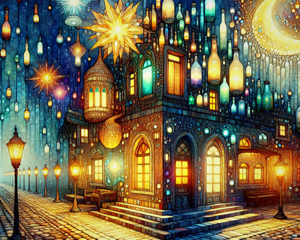 Vibrant House with Lanterns Under Starry Sky