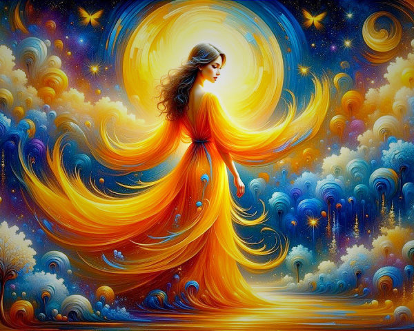Woman in Orange Dress Against Cosmic Backdrop
