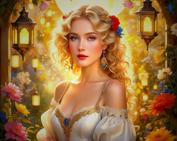 Young Woman in Elegant Gown in Magical Garden Setting