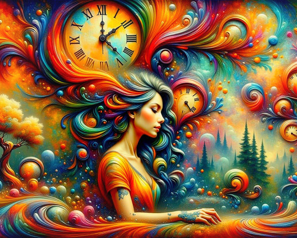 Surreal Artwork of Woman with Colorful Hair and Clocks