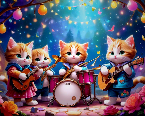 Kittens in Colorful Outfits Playing in a Magical Garden