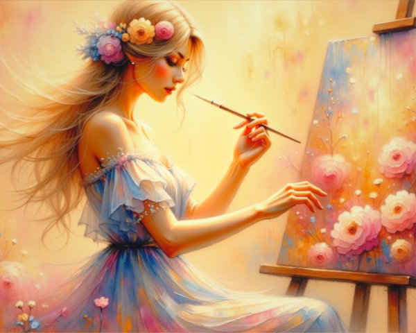 Young Woman Painting in a Dreamy Pastel Setting