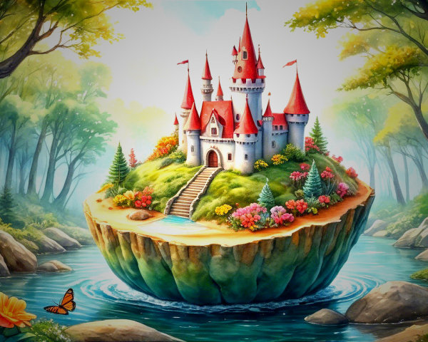 Magical Landscape with Floating Island and Castle