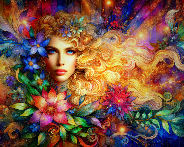 Surreal Portrait of Woman with Golden Hair and Flowers