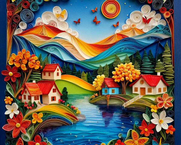 Vibrant Quilled Art of a Serene Landscape Scene