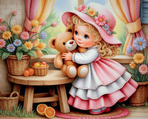 Cheerful Young Girl with Teddy Bear by Sunny Window