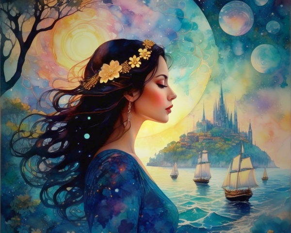Serene Woman with Floral Headpiece in Cosmic Landscape