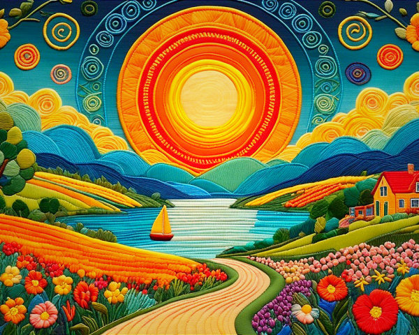 Vibrant Landscape with Hills, Lake, and Flowers