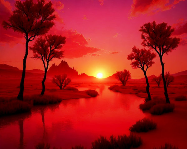 Vibrant Sunset Over Tranquil Landscape and River