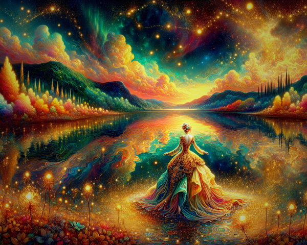 Dreamlike Landscape with Flowing Gown by Shimmering Lake