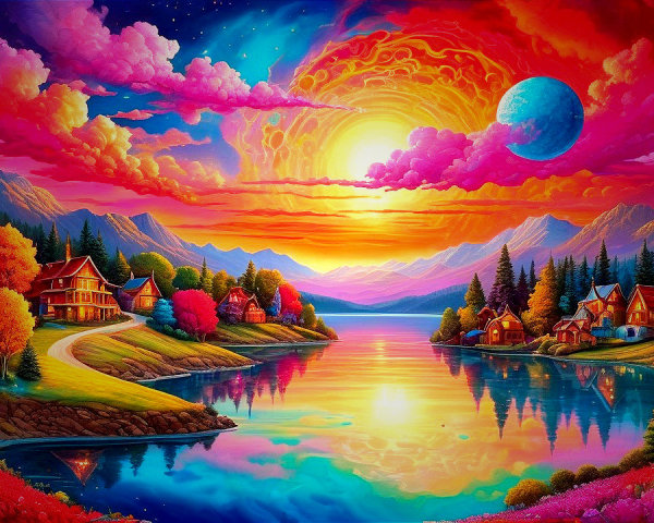 Vibrant Landscape with Colorful Trees and Cozy Houses