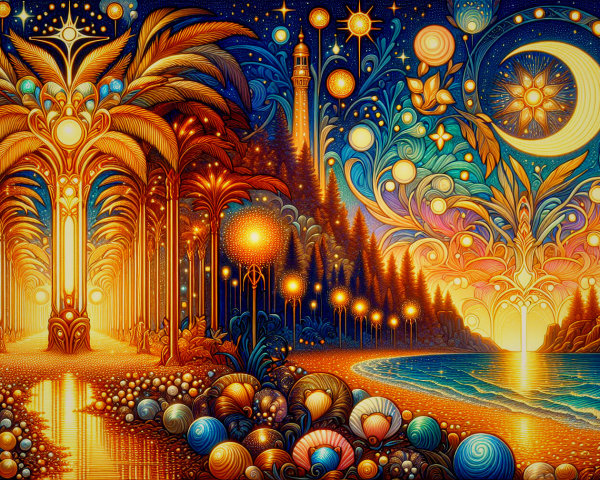 Vibrant Dreamlike Landscape with Palm Trees and Orbs