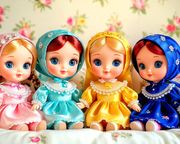 Colorful dolls in vibrant gowns and floral backgrounds