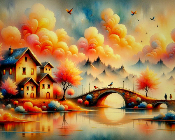 Charming Autumn Landscape with River and Bridge