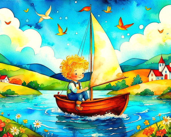 Cheerful Child Sailing on a Vibrant Blue Lake