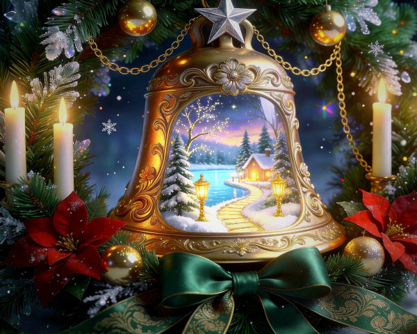 Close-up of a Christmas wreath with ornate bell centerpiece