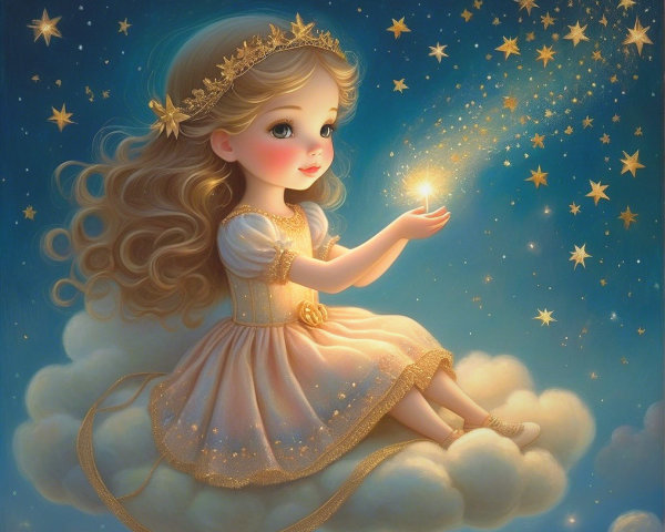 Young girl on cloud in starry night scene