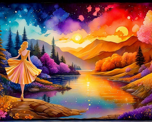 Vibrant Landscape with Serene River and Sunset Colors