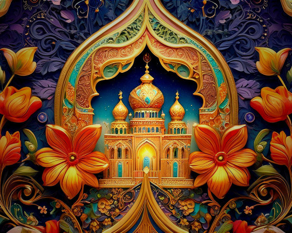 Ornate palace surrounded by vibrant floral designs