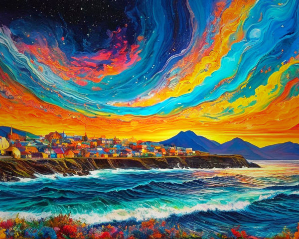 Vibrant Seascape with Colorful Sunset Over Coastal Town
