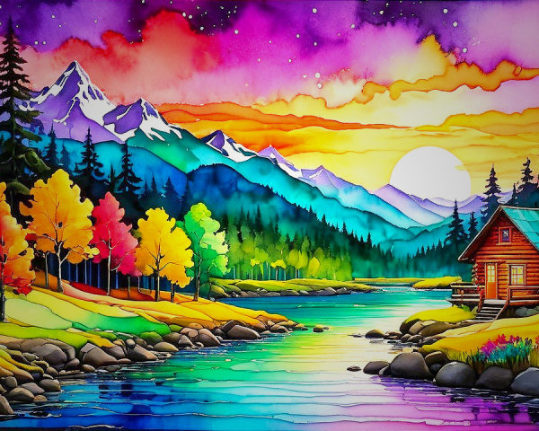Vibrant Landscape with River, Cabin, and Mountains