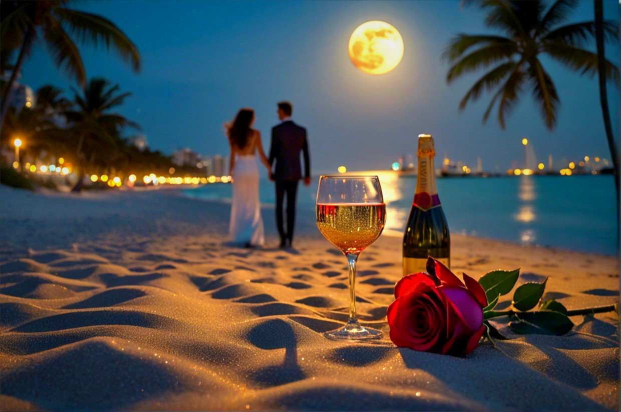 Romantic Beach Scene with Moonlight and Champagne