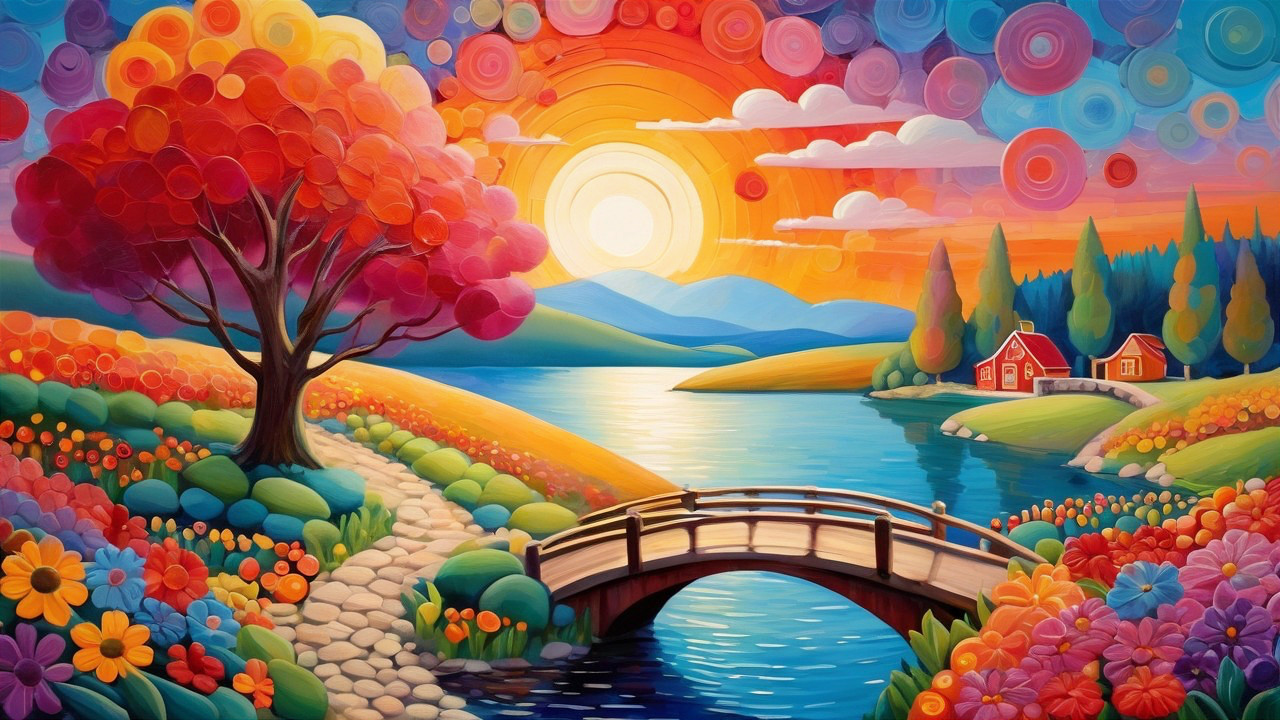 Vibrant Landscape with Sunset, Lake, and Cabins