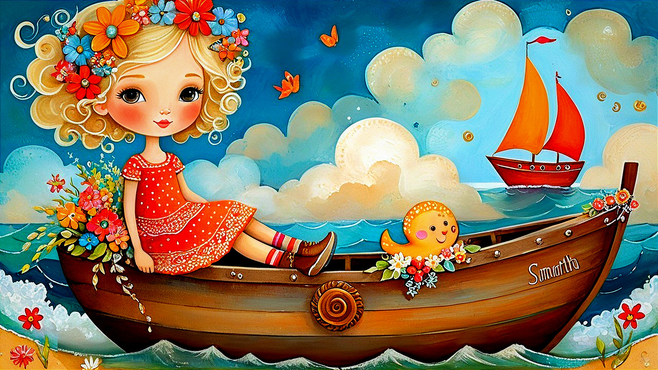 Whimsical Illustration of Girl in Flower Boat with Octopus