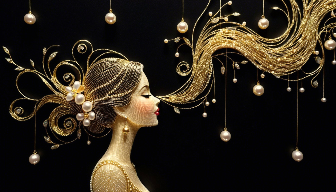 Stylized Female Figure with Golden Hair and Pearls