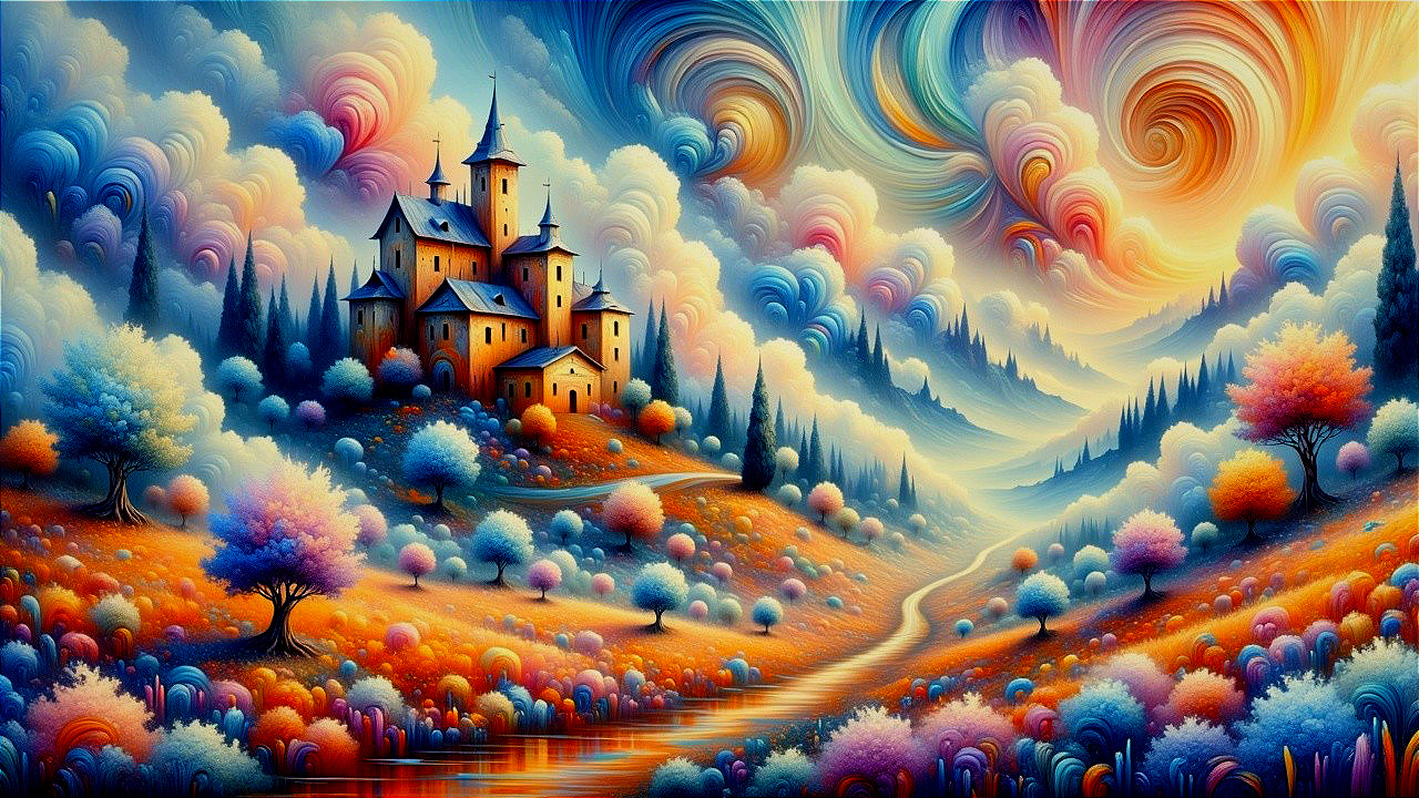 Whimsical Landscape with Colorful Sky and Castle