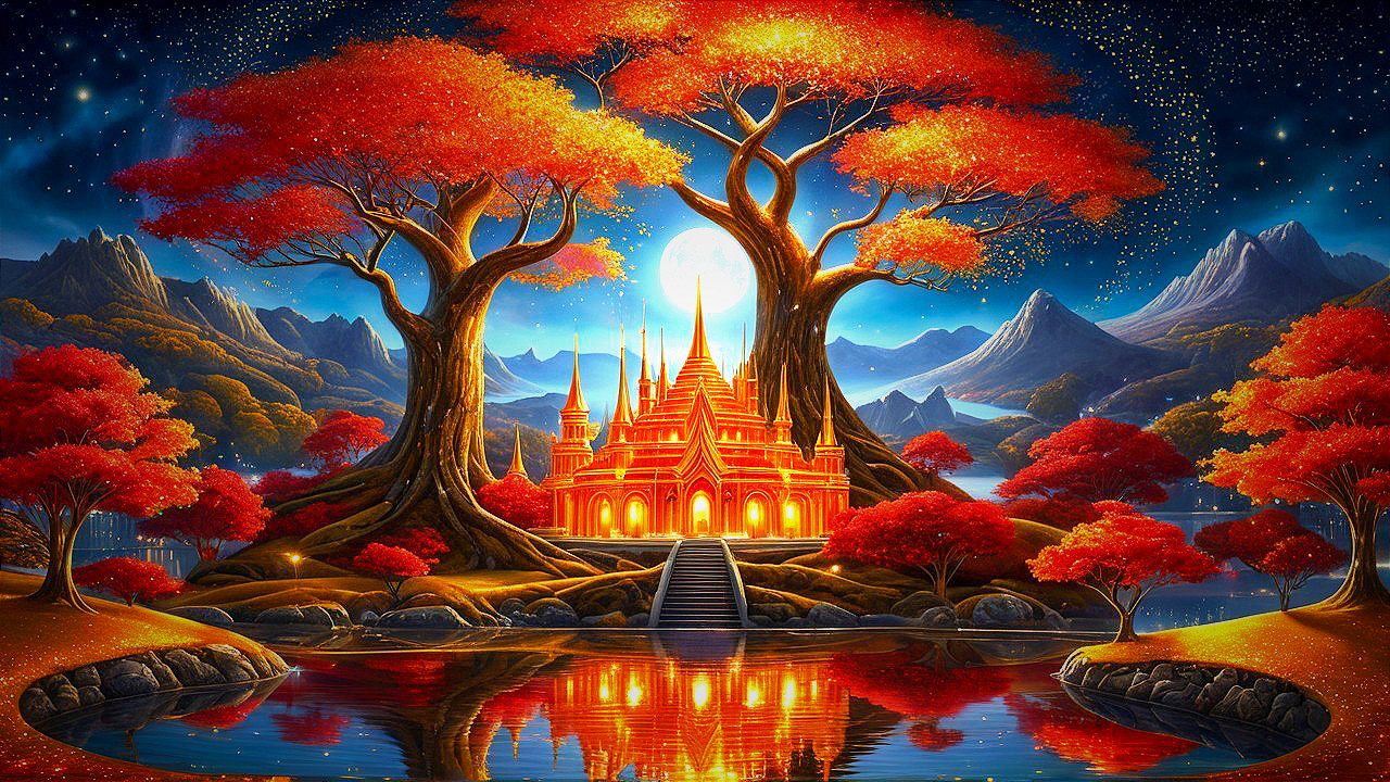 Vibrant Landscape with Temple and Starry Sky