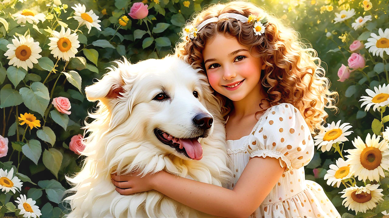 Joyful girl with dog in a blooming garden scene