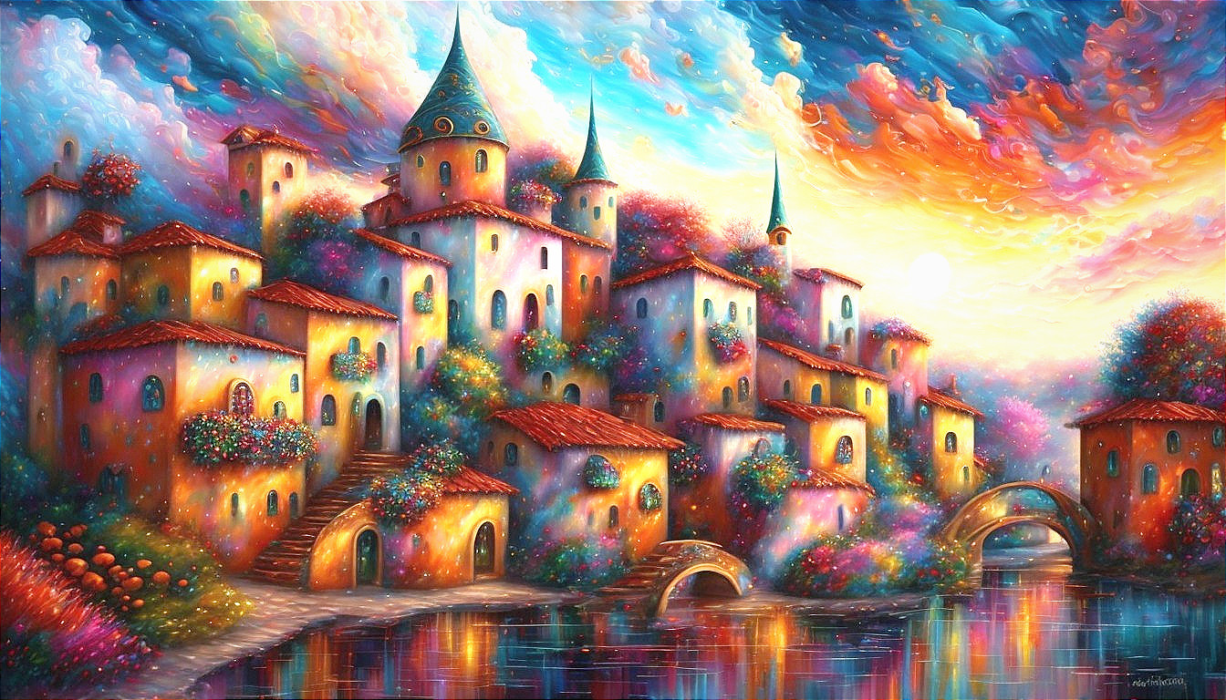 Vibrant Fantasy Landscape with Whimsical Houses