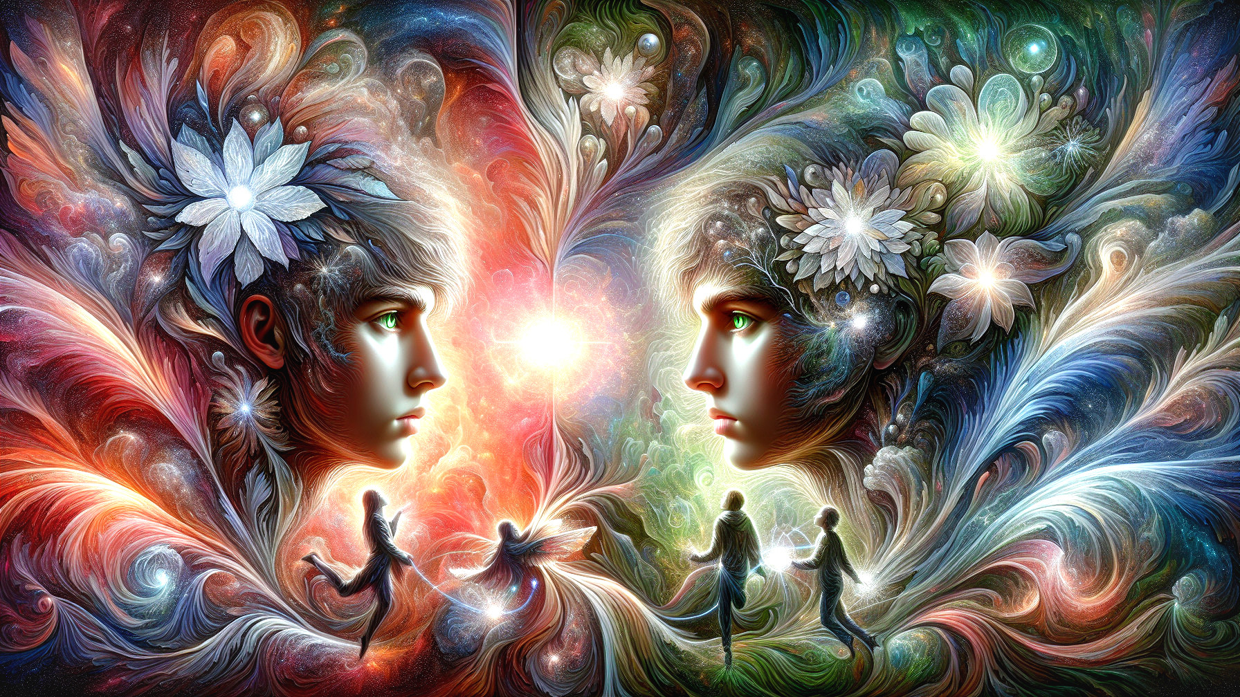 Ethereal Faces in Vibrant Colors with Cosmic Patterns