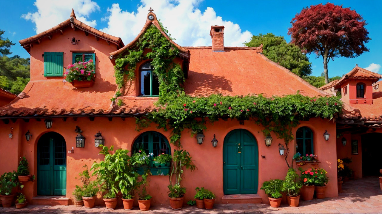 Rustic building with terracotta roof and teal accents