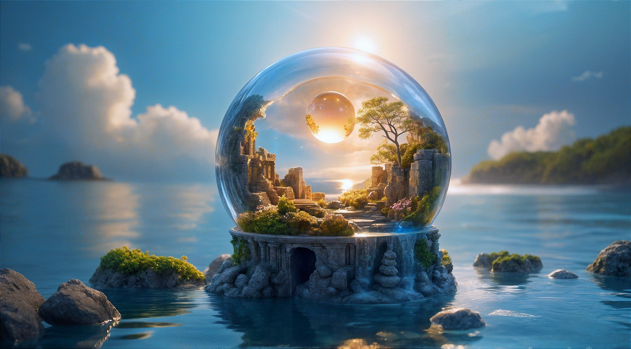 Glass Dome with Miniature Landscape and Ancient Ruins