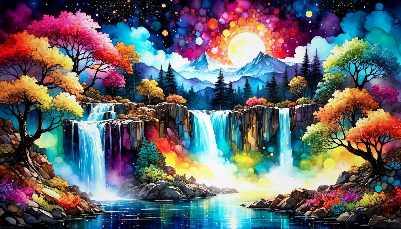 Vibrant Autumn Landscape with Waterfalls and Moonlight