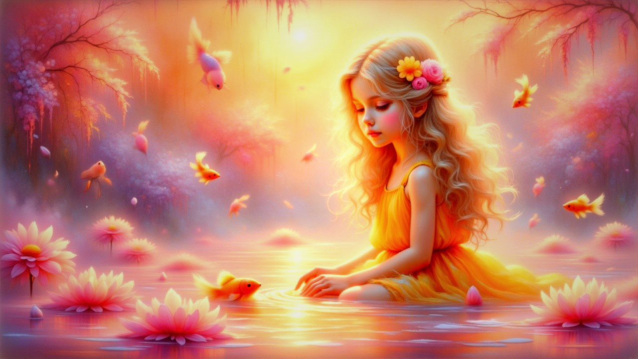 Young Girl Surrounded by Lotus Flowers in Pond